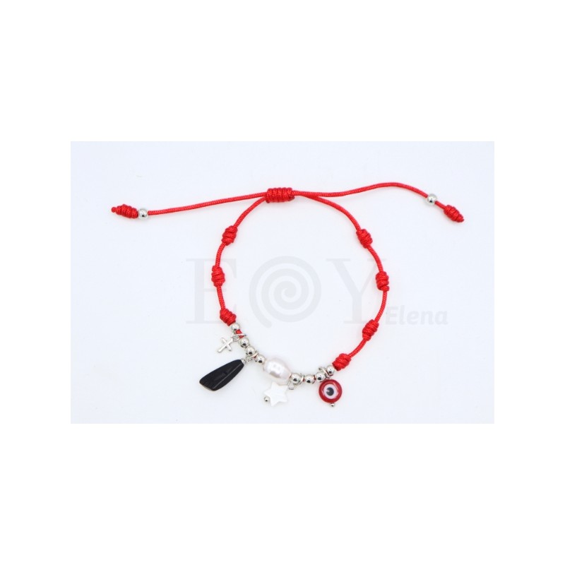 7-knot bracelet with Turkish evil eye, mother-of-pearl star, cross, jet, and pearl