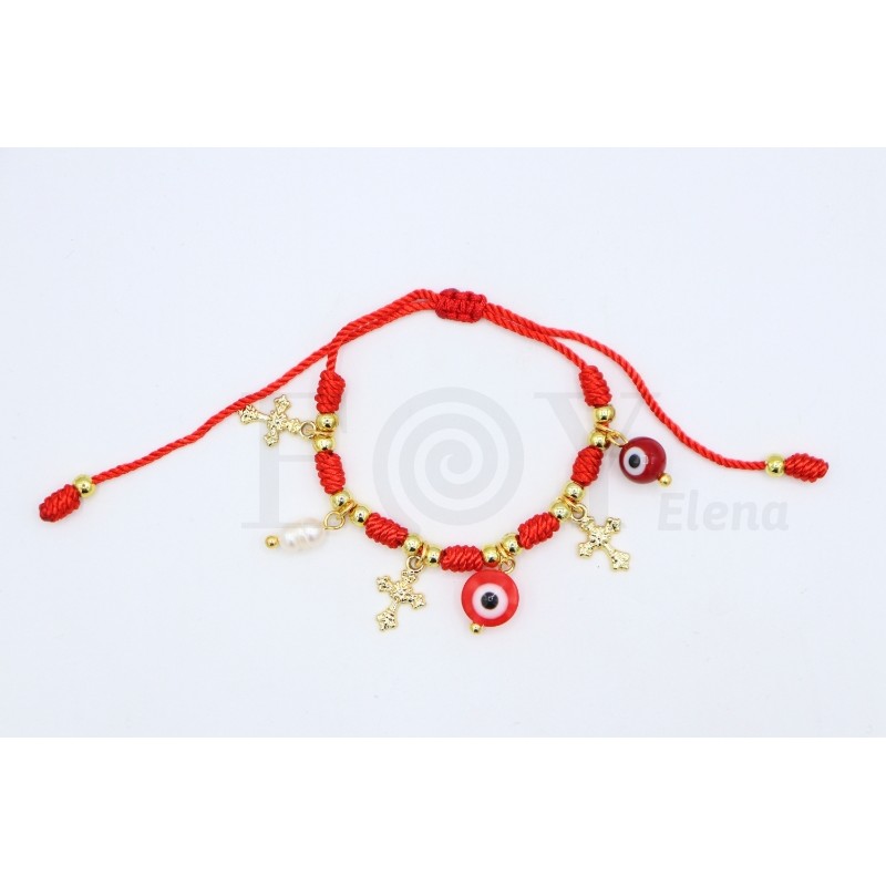 7-knot bracelet with Turkish evil eye, pearl and three crosses