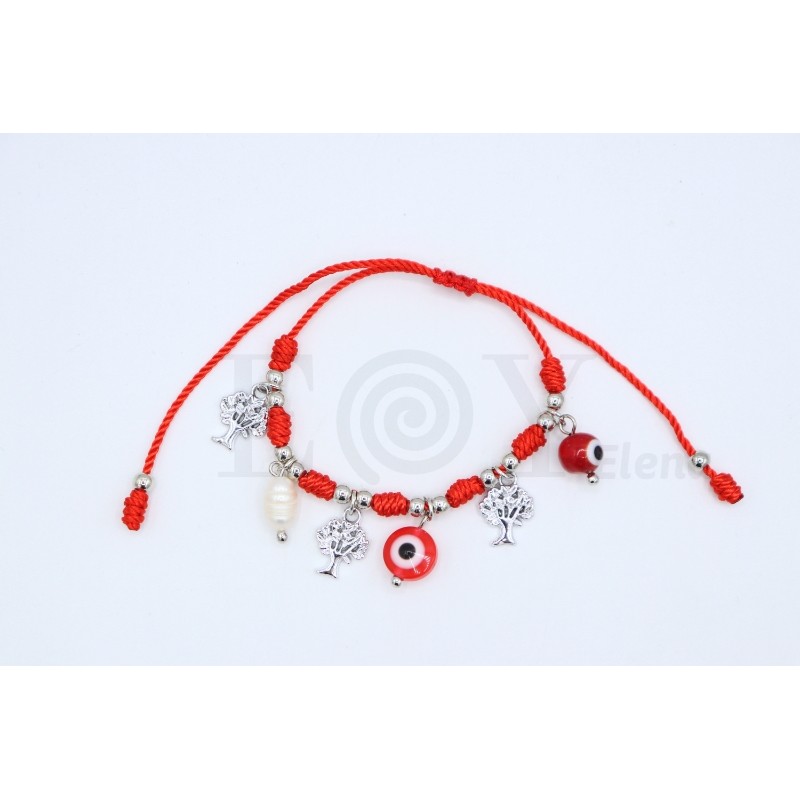 7-knot bracelet with Turkish evil eye, pearl, and three trees